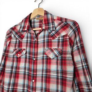 Wrangler Pearl Snap Shirt Women Flap Pocket Country Cowgirl Plaid S